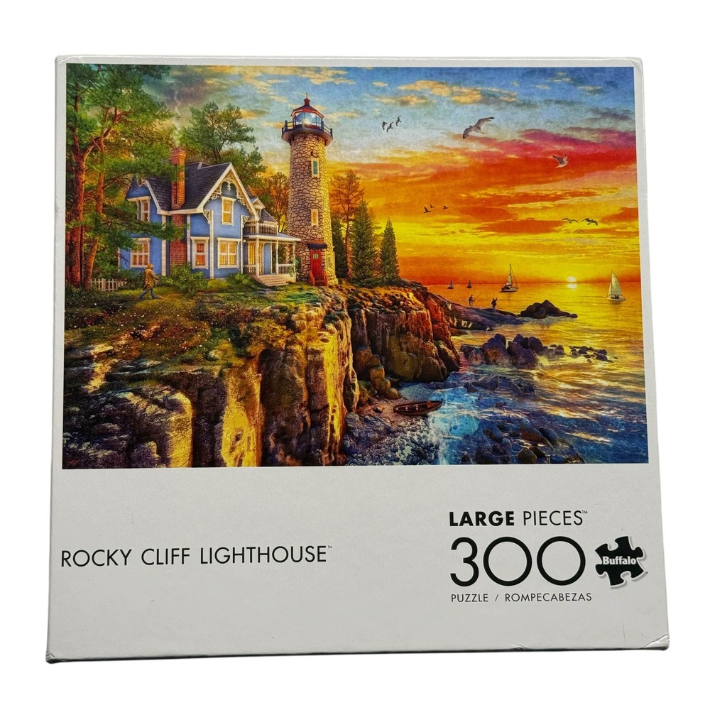 Buffalo Games Rocky Cliff Lighthouse 300 Large Piece Puzzle Sunset Complete